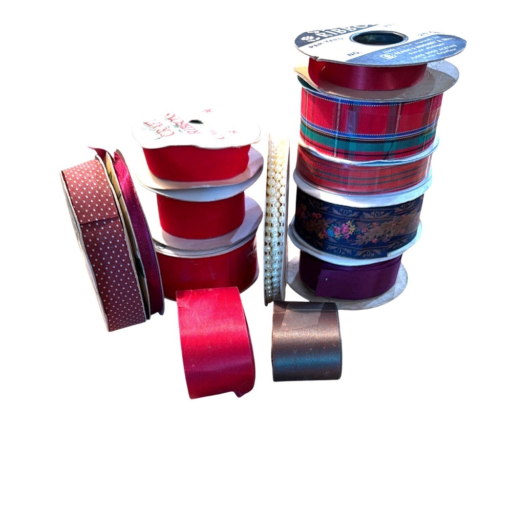 Offray MJD Designs Vintage Ribbon Lot 11pc Red Burgundy Brown Plaid Mixed Sizes